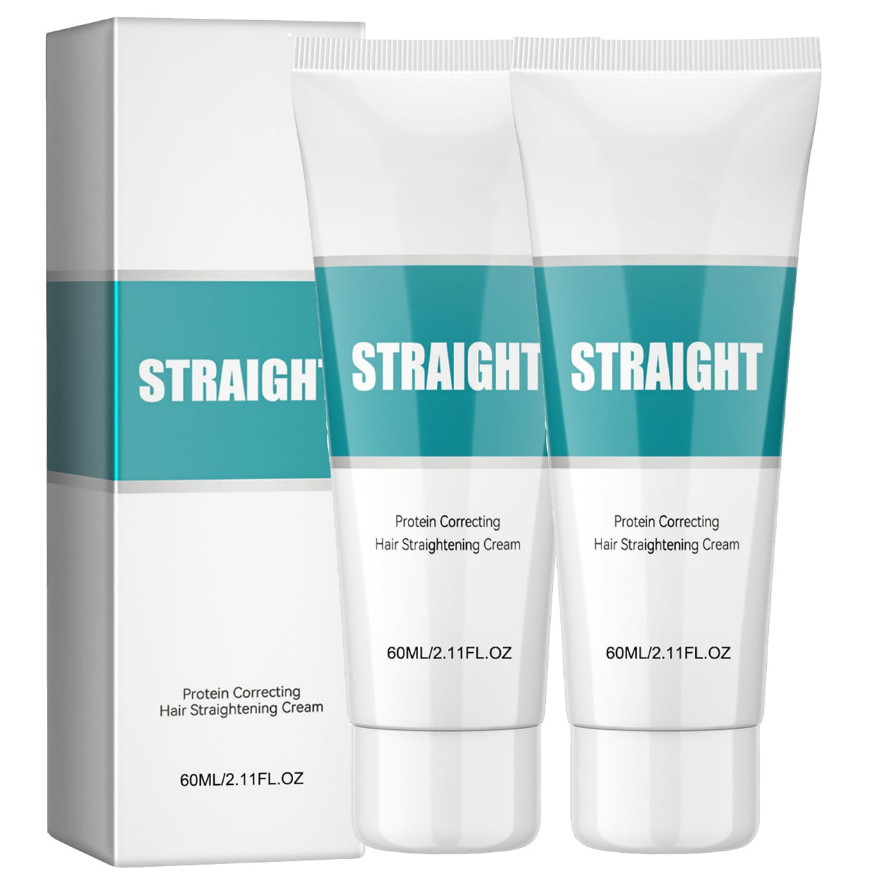 Two tubes of protein correcting hair straightening cream with a box on a white background