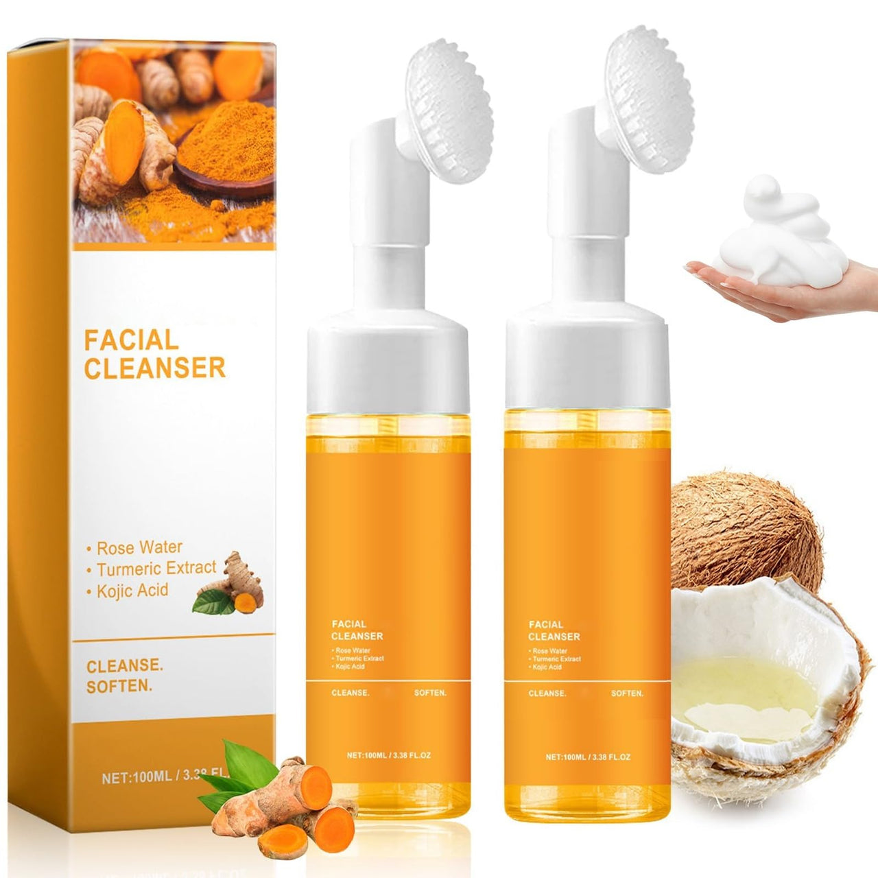 Facial cleanser bottles with packaging and ingredients displayed on a white background