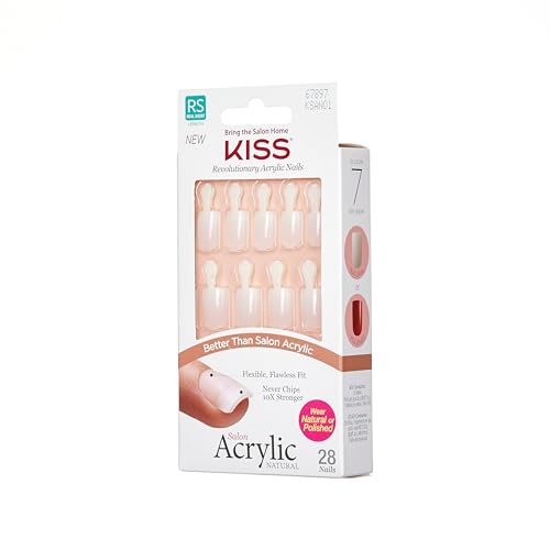 KISS Salon Acrylic Natural Press On Nails, Nail glue included, 'Rare', Nude, Short Size, Squoval Shape, Includes 28 Nails, 2g Glue, 1 Manicure Stick, 1 Mini File | Premium Nail Wraps