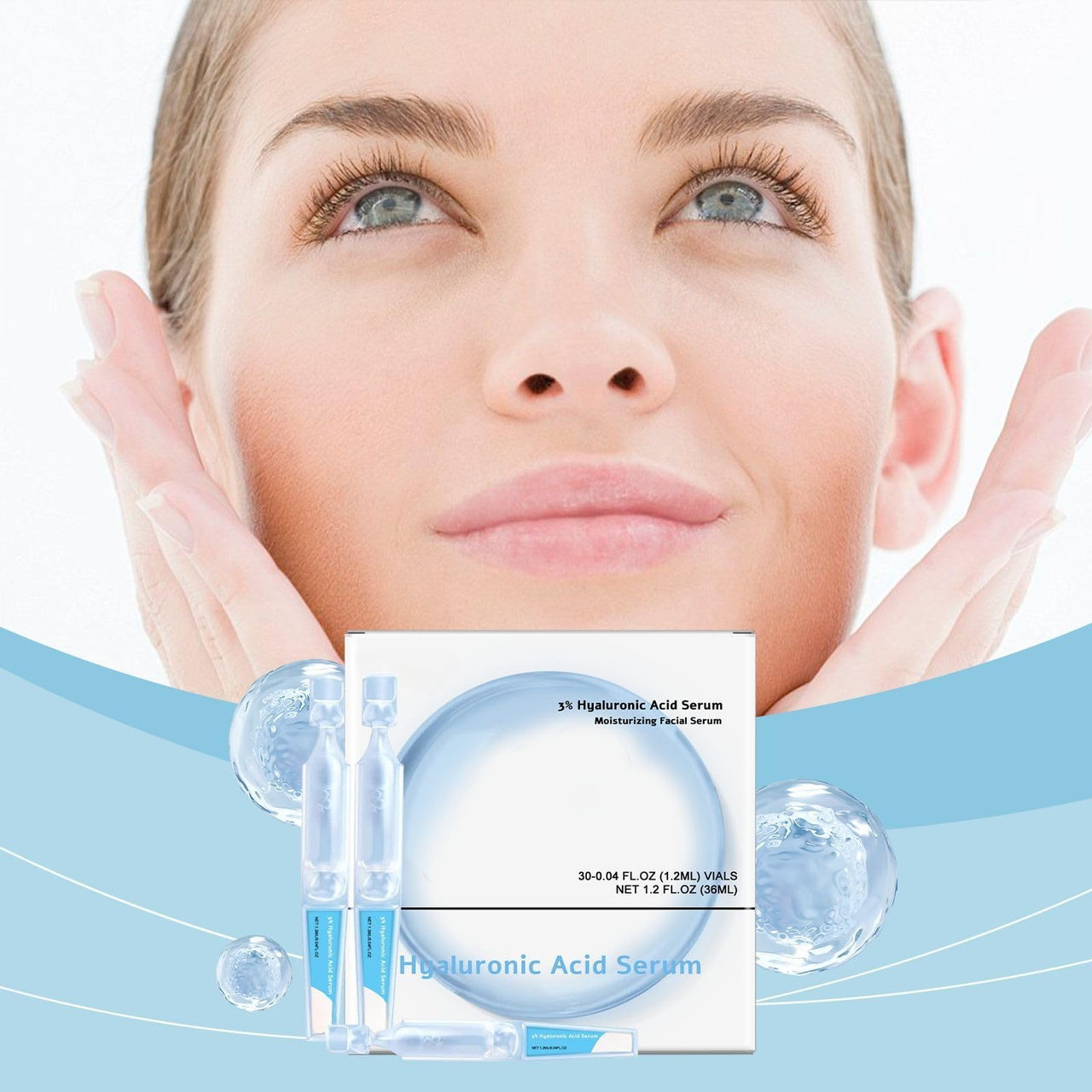 Hyaluronic Acid Serum packaging with a woman's face in the background