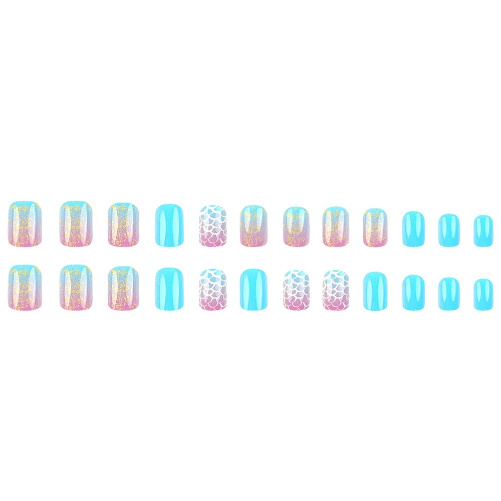 24 Pcs Summer Press on Nails Short Square Starry Sky Scales Design,YIHONGYAN Simple Fake Nails Press ons Blue Nail Tips Acrylic Set Glue on Nails Full Cover False Nails Glossy Stick on Nails for Women | Premium Nail Wraps
