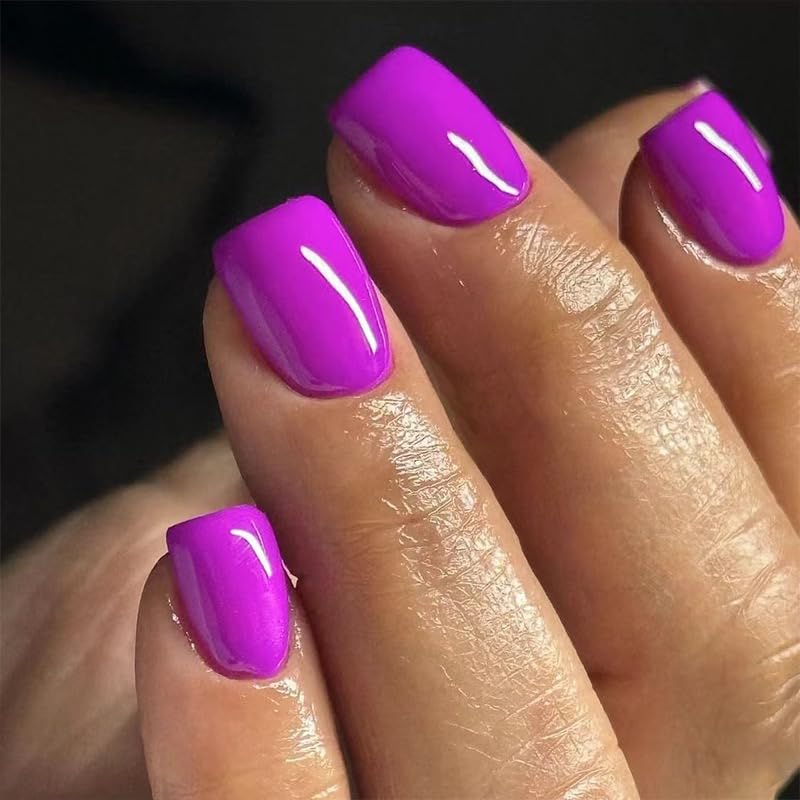 Short Press On Nails Square Fake Nails Full Cover Purple Solid Color False Nails With Nail Glue Glossy Glue On Nail Acrylic Manicure Artificial Nails For Women Girls 24pcs | Premium Nail Wraps - Premium Nail Wraps, Salon-Quality, Easy Application