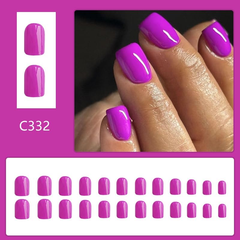 Short Press On Nails Square Fake Nails Full Cover Purple Solid Color False Nails With Nail Glue Glossy Glue On Nail Acrylic Manicure Artificial Nails For Women Girls 24pcs | Premium Nail Wraps