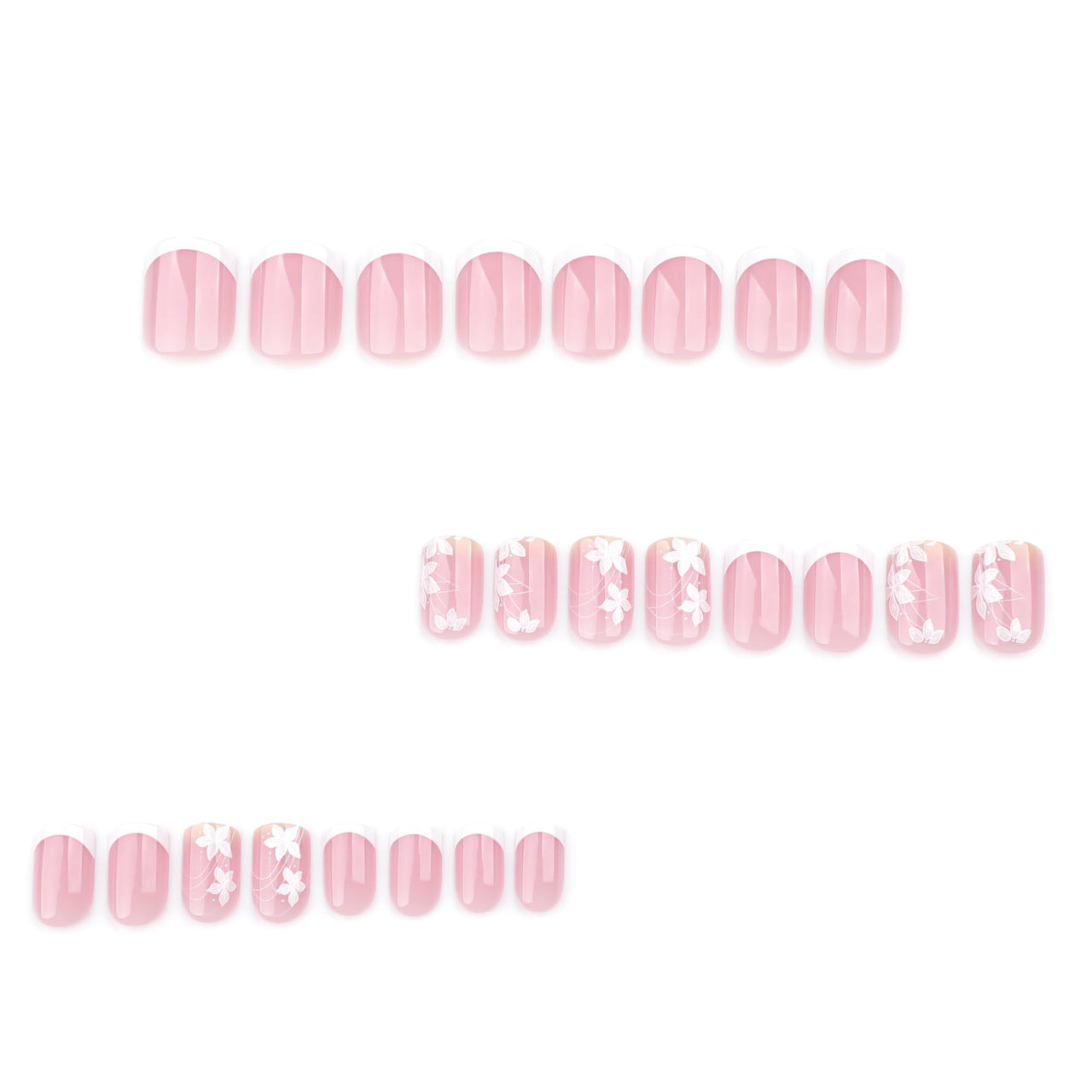 Spring Press On Nails Short Square, Nude Fake Nails with White French Tips Delicately Adorned with White Floral Accents, Glossy Gel Finish Acrylic Nails Press Ons Short Thick Natural Glue On Nails Kit