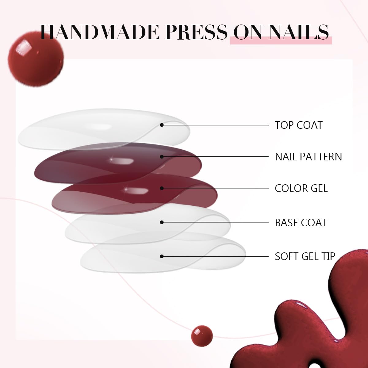 GLAMERMAID Cherry Red Press on Nails Medium Almond, Handmade Jelly Soft Gel Dark Red Glue on Nails Stiletto, Burgundy Emo Fake Nails Short Oval, Reusable Acrylic Stick on False Nails Kit for Women | Premium Nail Wraps