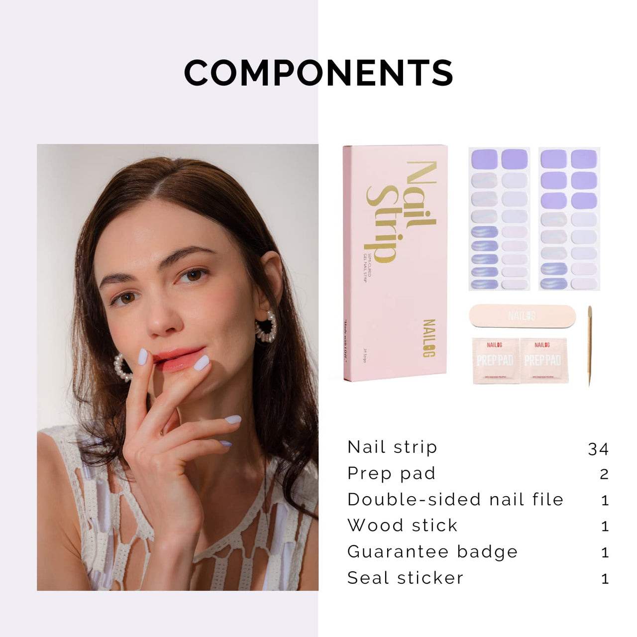 NAILOG Semi Cured Gel Nail Strips 34 pcs, Buy 2 Get 1 UV Lamp, Salon-Quality Gel Nail Nail Nail Wraps, Semicured Nail Nail Wraps with Soft Gel Finish | Lavender Mist