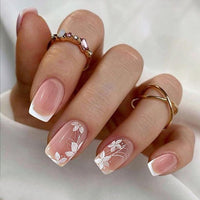 Thumbnail for Spring Press On Nails Short Square, Nude Fake Nails with White French Tips Delicately Adorned with White Floral Accents, Glossy Gel Finish Acrylic Nails Press Ons Short Thick Natural Glue On Nails Kit