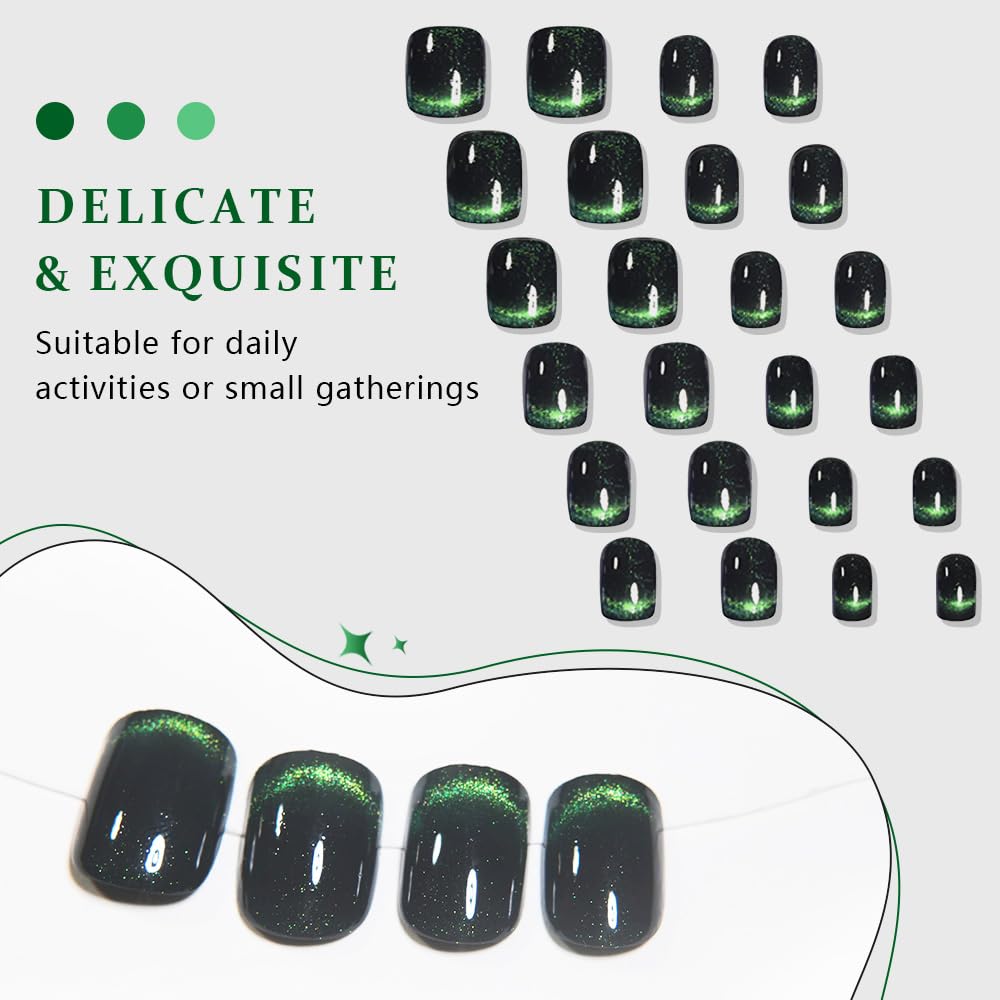 Dark Green Cat Eye Extra Short Press on Nails Square, Petite Short Square Glue on Nails for Women Gift, Smile Light Green Metallic Glitter Glossy Reusable Gel Press on Acrylic Fake Nail with Designs | Premium Nail Wraps