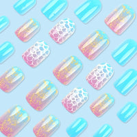 Thumbnail for 24 Pcs Summer Press on Nails Short Square Starry Sky Scales Design,YIHONGYAN Simple Fake Nails Press ons Blue Nail Tips Acrylic Set Glue on Nails Full Cover False Nails Glossy Stick on Nails for Women | Premium Nail Wraps