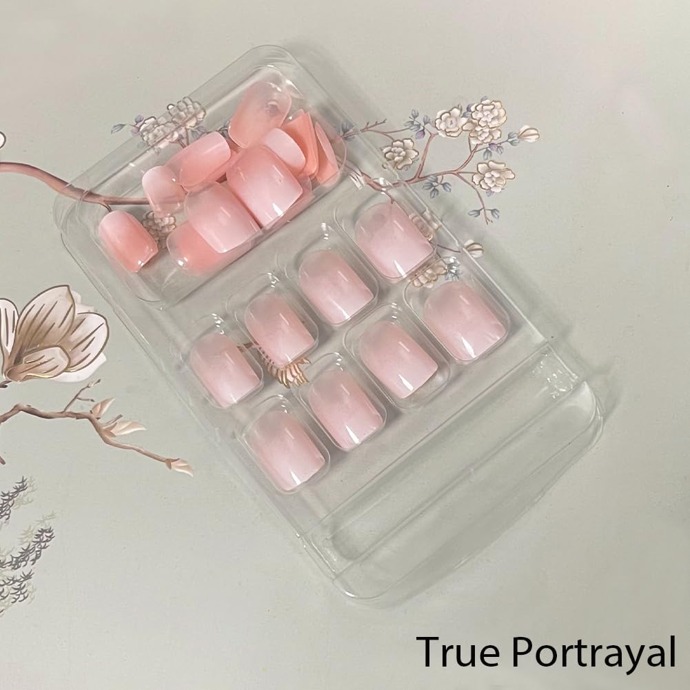 WAFOLOZE Nails Press ons,White Ombre Short Square Press on Nails Fake Nails Glossy Acrylic Artificial Nails Stick on Nails for Women 24Pcs