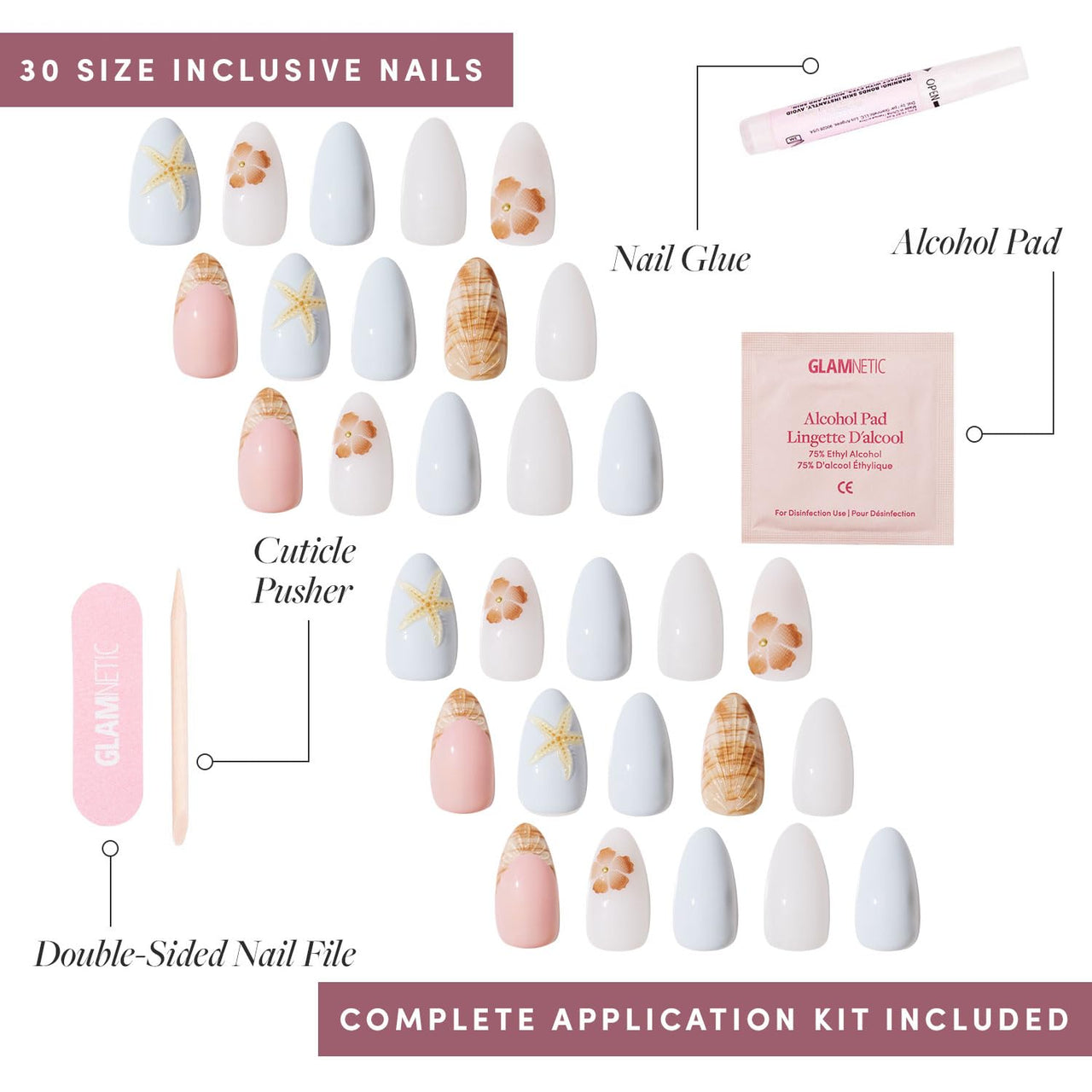Glamnetic Press On Nails - Sea Star | Short Almond Seashell Nails with 3D Nail Art, Reusable Summer Nails | 15 Sizes - 30 Nail Kit with Glue