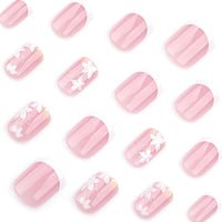 Thumbnail for Spring Press On Nails Short Square, Nude Fake Nails with White French Tips Delicately Adorned with White Floral Accents, Glossy Gel Finish Acrylic Nails Press Ons Short Thick Natural Glue On Nails Kit