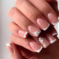 Thumbnail for French Nude Press On Nails Short Square, Summer Fake Nails with White French Tip and 3D Daisy Flower Design, Glossy Gel Finish Acrylic Nails, Natural Reusable Glue On Nails Kit for Women, 24 Pcs