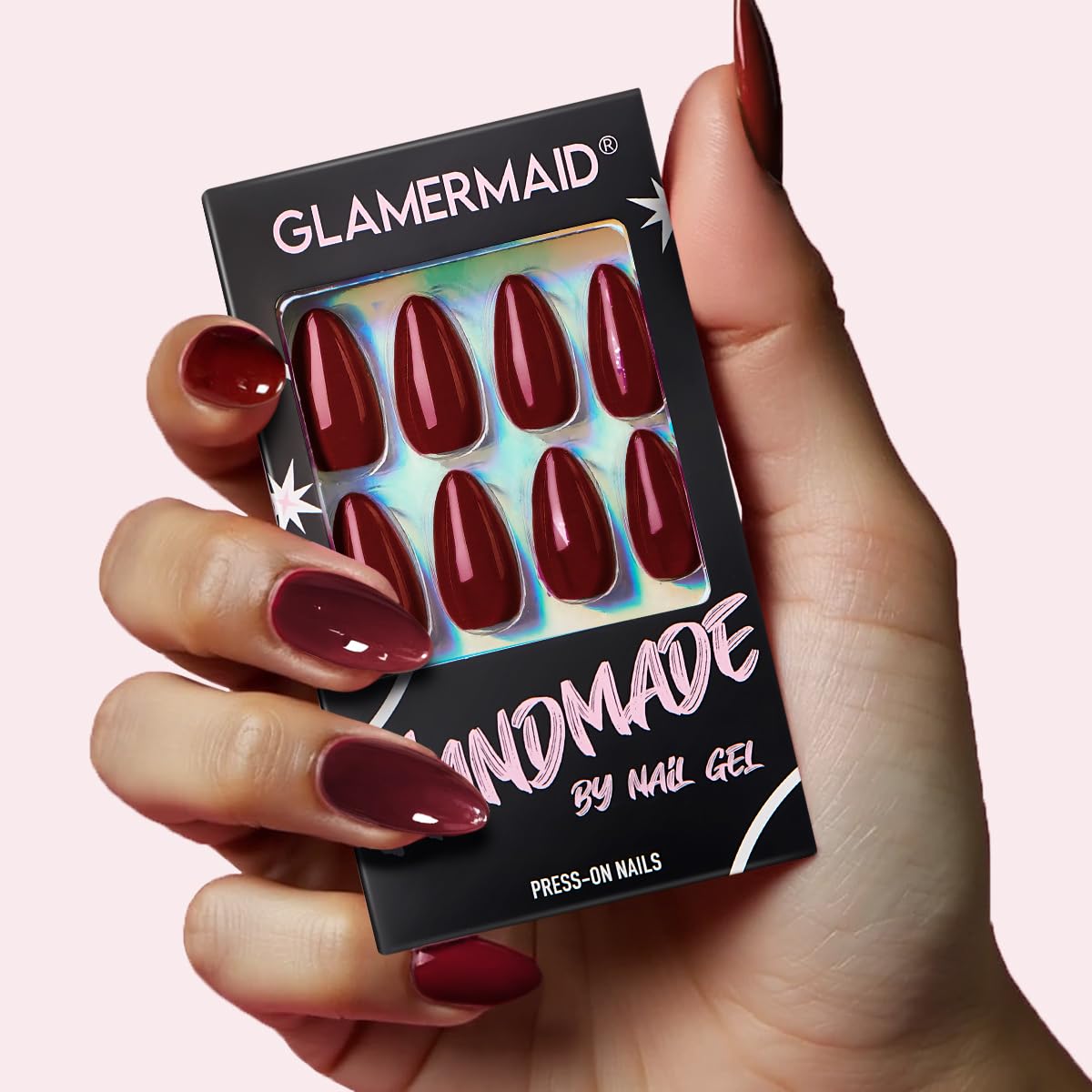 GLAMERMAID Cherry Red Press on Nails Medium Almond, Handmade Jelly Soft Gel Dark Red Glue on Nails Stiletto, Burgundy Emo Fake Nails Short Oval, Reusable Acrylic Stick on False Nails Kit for Women | Premium Nail Wraps