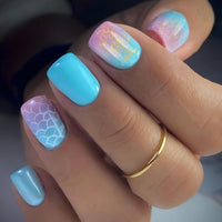 Thumbnail for 24 Pcs Summer Press on Nails Short Square Starry Sky Scales Design,YIHONGYAN Simple Fake Nails Press ons Blue Nail Tips Acrylic Set Glue on Nails Full Cover False Nails Glossy Stick on Nails for Women | Premium Nail Wraps - Premium Nail Wraps, Salon-Quality, Easy Application
