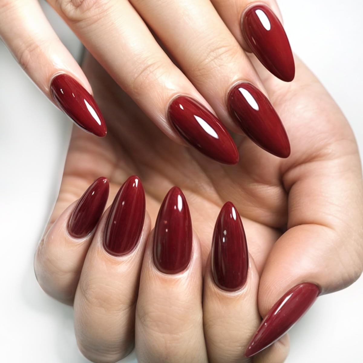 GLAMERMAID Cherry Red Press on Nails Medium Almond, Handmade Jelly Soft Gel Dark Red Glue on Nails Stiletto, Burgundy Emo Fake Nails Short Oval, Reusable Acrylic Stick on False Nails Kit for Women | Premium Nail Wraps