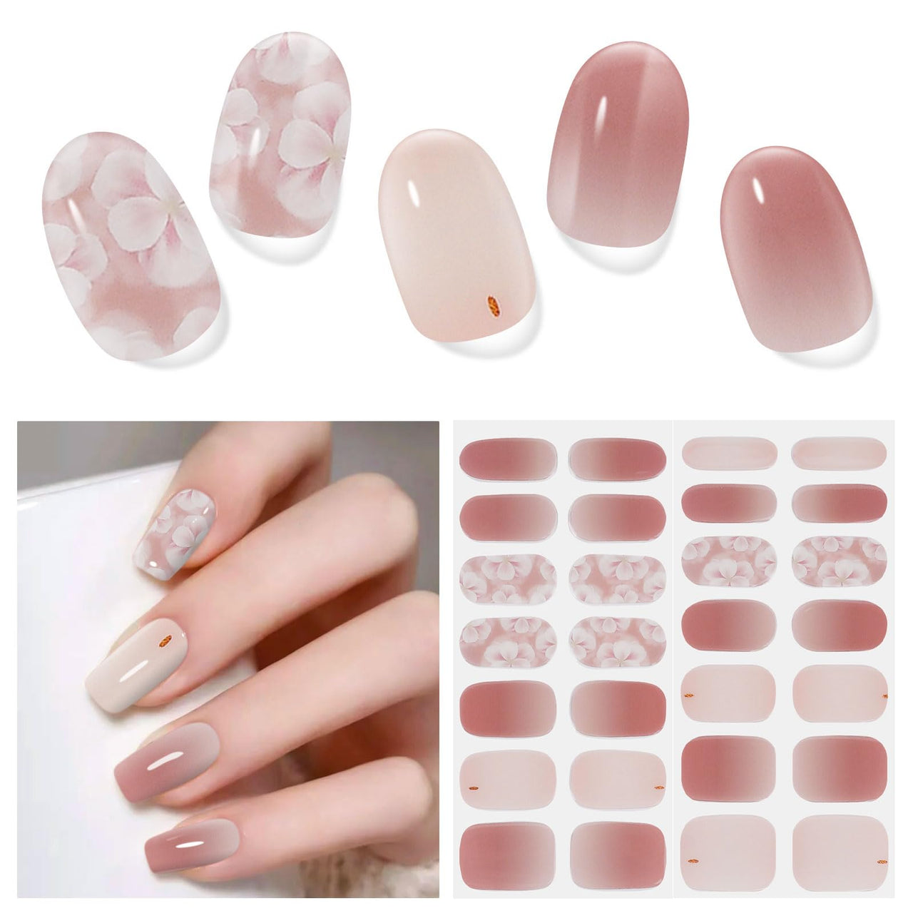 DUKASOU Semi Cured Gel Nail Strips | 28 pcs Gel Nails Strips Work with Any UV Lamps, Long Lasting UV Nail Nail Nail Wraps for Women DIY Nails Nail Wraps(Pink Flower)