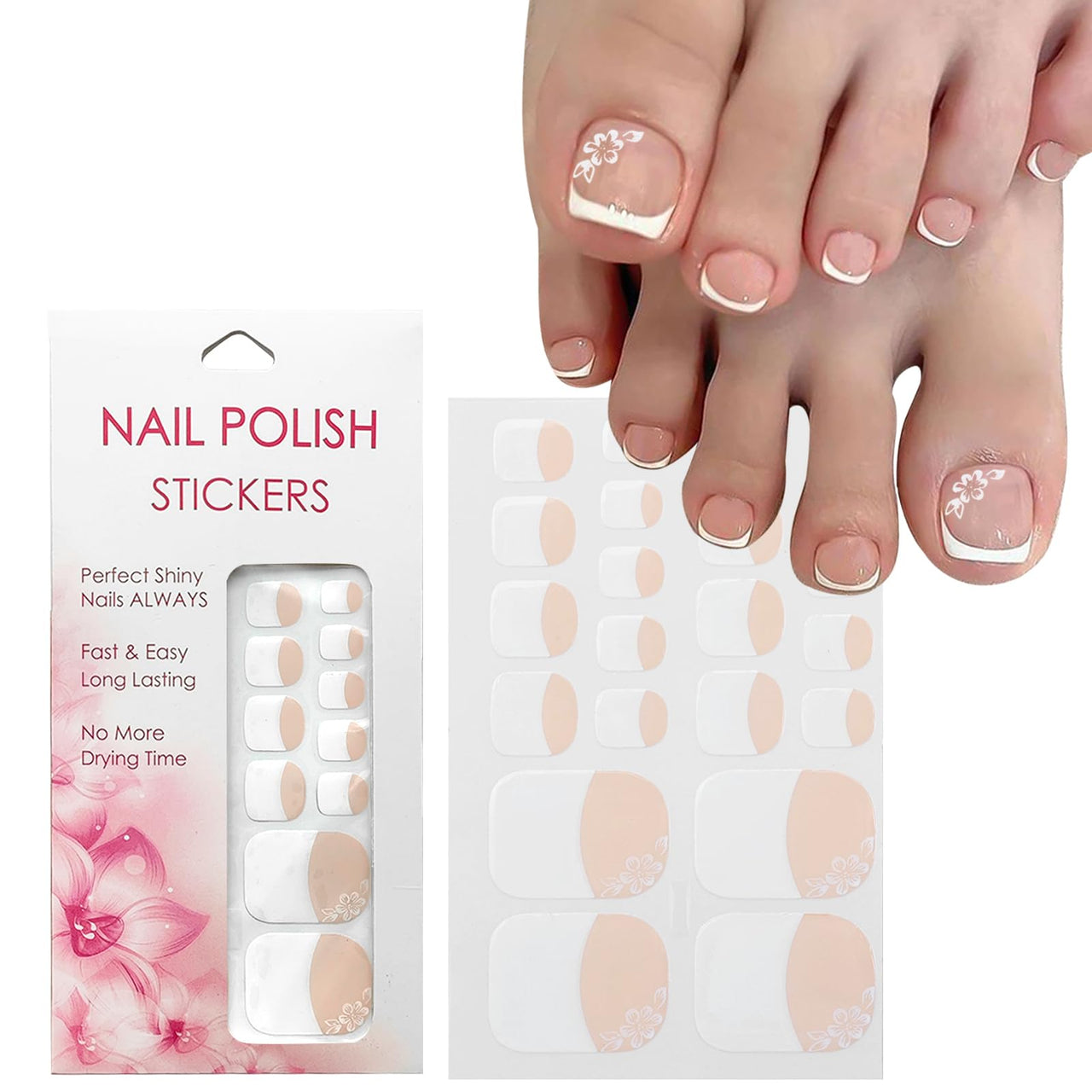 VOTACOS Nail Polish Strips for Toes, No UV Needed, Toe Nails Stickers White Flower French Toenail Gel Nail Strips Pedicure Full Nails Wraps for Women with 1 Wooden Stick, 1 Nail File & 2 Prep Pad