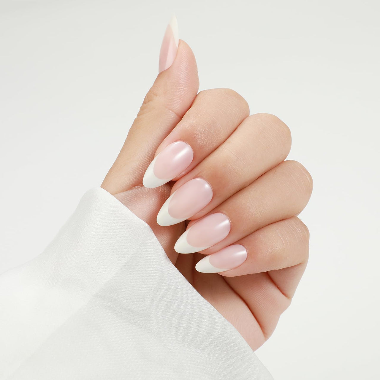 Rnker French Tip U Shape Press On Nails - White with Pink Color, Almond Top gel Nails with Bright Finish, 15 Sizes - 30 Nail Kit with Glue | Premium Nail Wraps