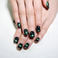 Thumbnail for Dark Green Cat Eye Extra Short Press on Nails Square, Petite Short Square Glue on Nails for Women Gift, Smile Light Green Metallic Glitter Glossy Reusable Gel Press on Acrylic Fake Nail with Designs | Premium Nail Wraps - Premium Nail Wraps, Salon-Quality, Easy Application