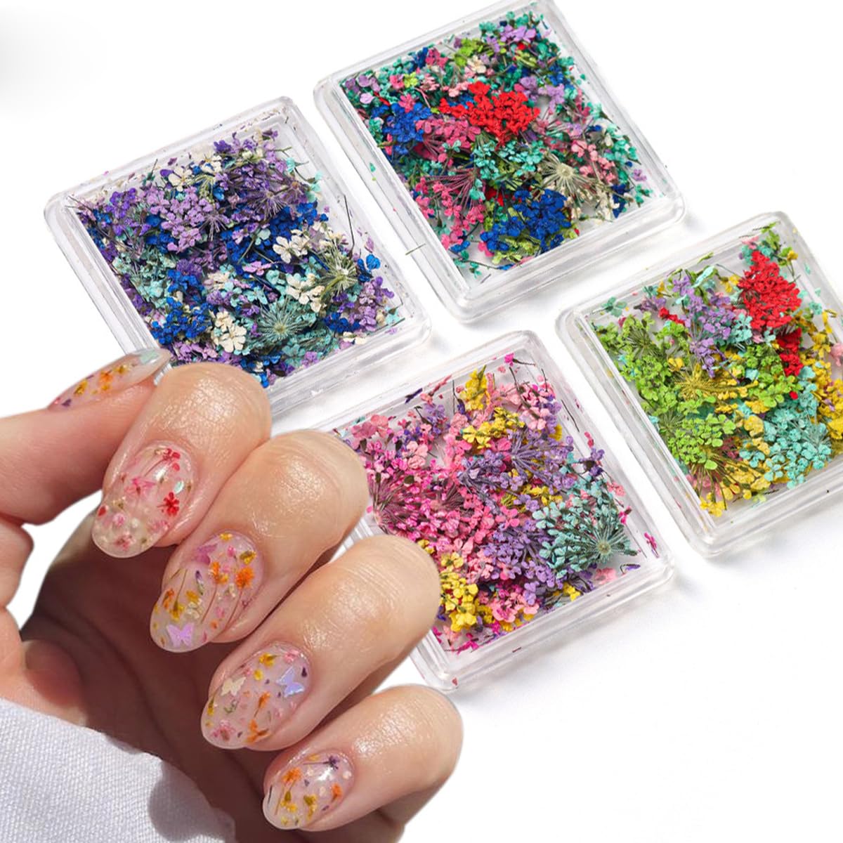 4Box 3D Dried Flowers Nail Art Nail Nail Wraps Colorful Dry Flower for Nails Kit - DIY Mini Mix Flower Petals Nail Nail Nail Wraps Natural Floral Dried Flower Decals for Nails Design Manicure Accessories Craft