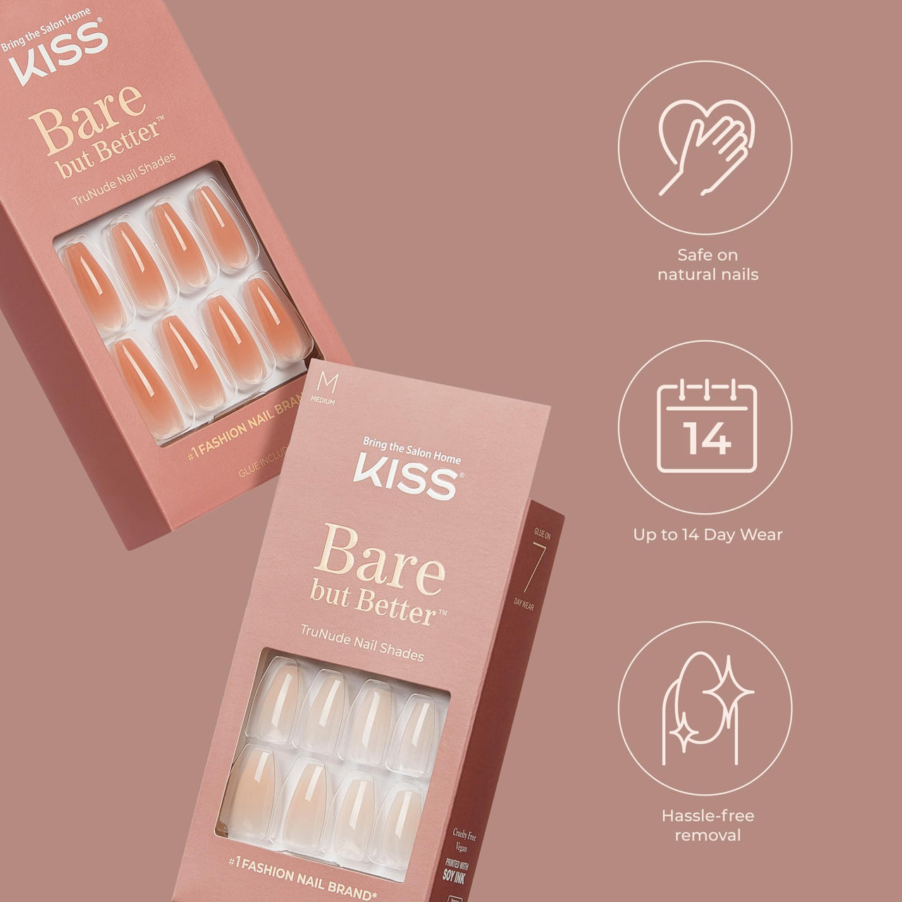 KISS Bare but Better Press On Nails, Glossy Pink, Short Length, Square Shape, 28 Fake Nails, Pink Gel Nail Glue Net Wt. 2g (0.07 Oz.), Mini Nail File, & Manicure Stick | Premium Nail Wraps