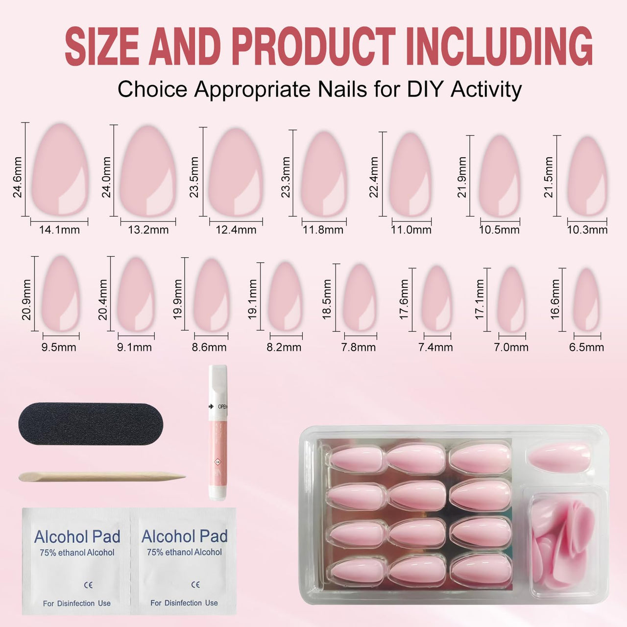 Rnker French Tip U Shape Press On Nails - White with Pink Color, Almond Top gel Nails with Bright Finish, 15 Sizes - 30 Nail Kit with Glue | Premium Nail Wraps