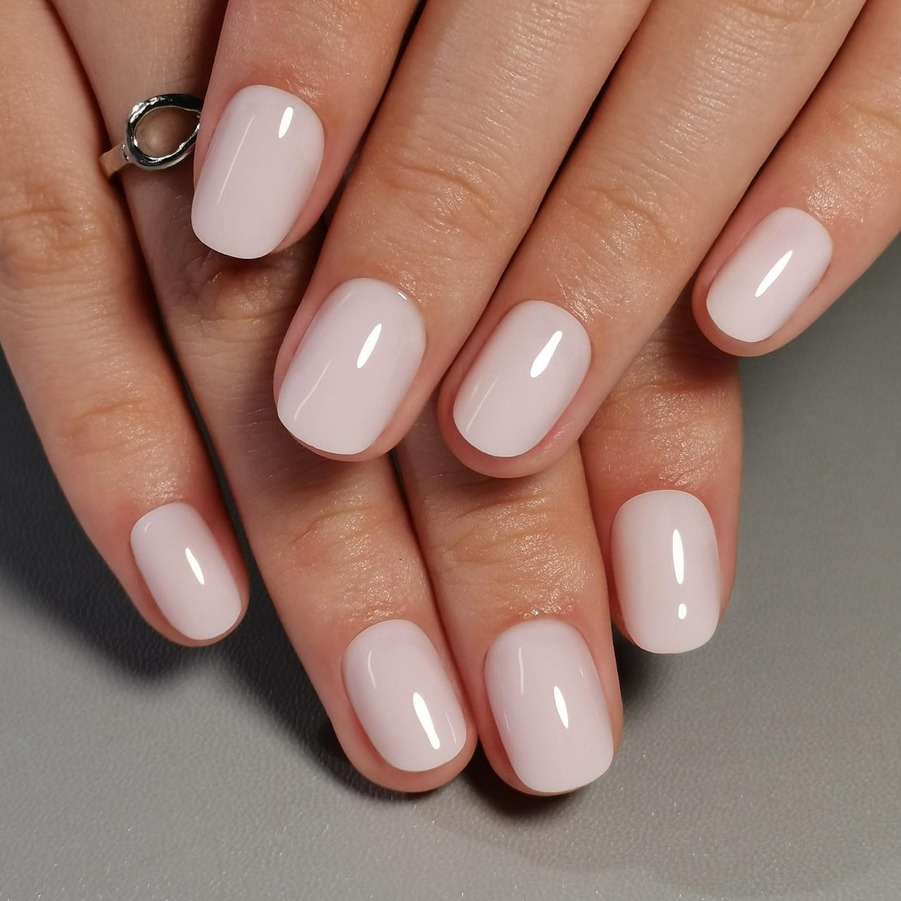 Curvlife Press on Nails Milky White Short Square Acrylic Fake Nails with Apricot Design Full Cover Glossy Nude Glue on Nails Artificial for Women 30Pcs