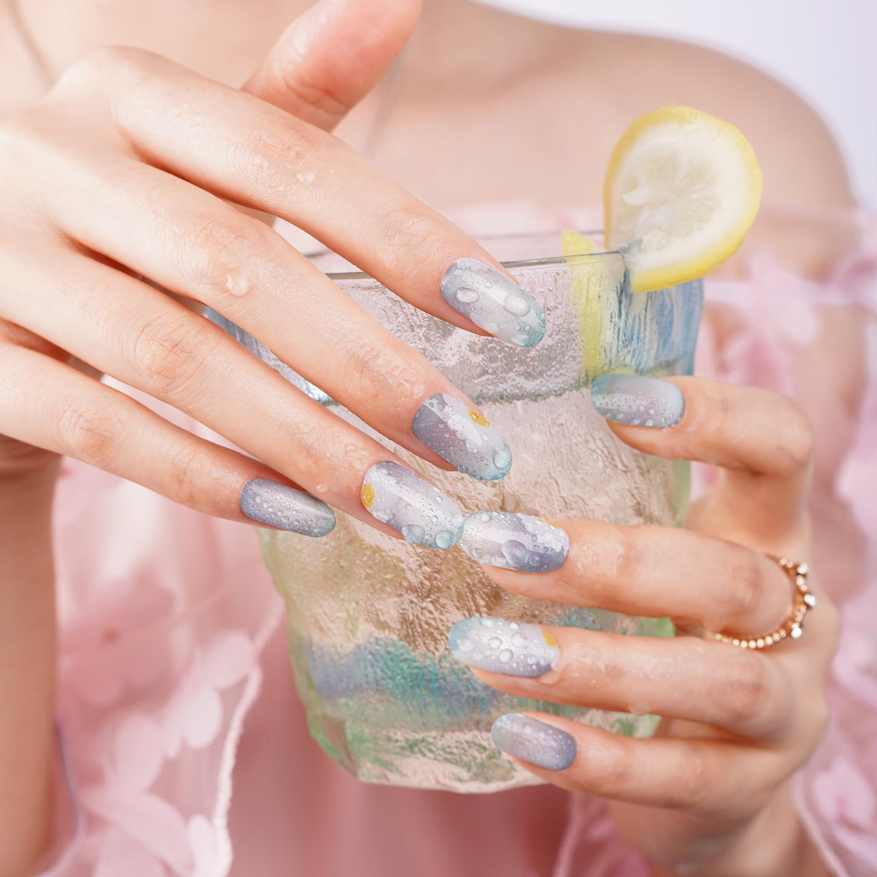DANNI & TONI Semi Cured Gel Nail Strips Ocean Blue (Verdant Whisper) Magnetic Silver Cat Eye Gel Nail Nail Wraps Flowers 28 Nail Nail Wraps