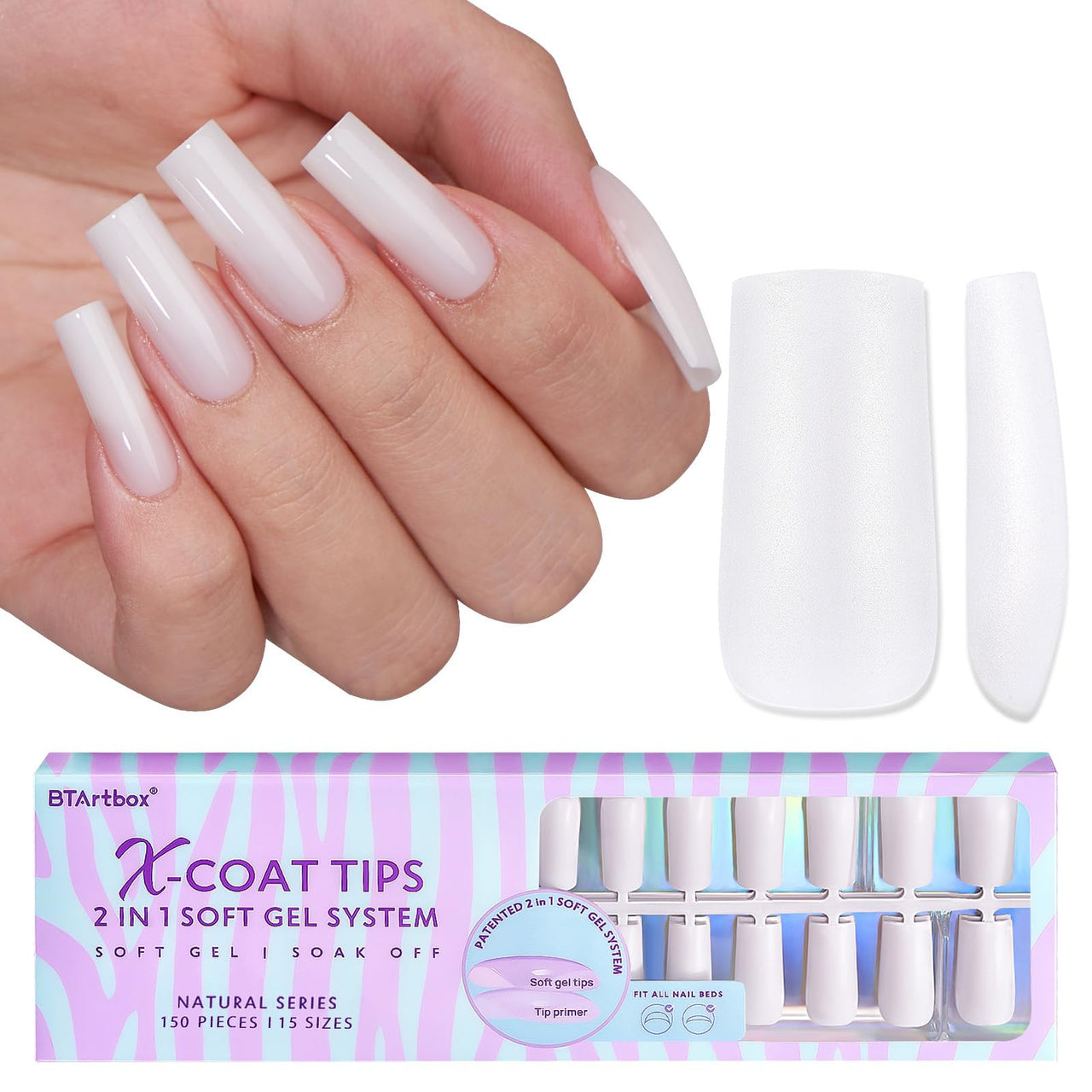 BTArtboxnails Square Gel Nail Tips Long - Pre Colored Milky White Soft Gel Nail Tips, Milky White Press on Nails, Natural XCOATTIPS Pre Applied Tip Primer