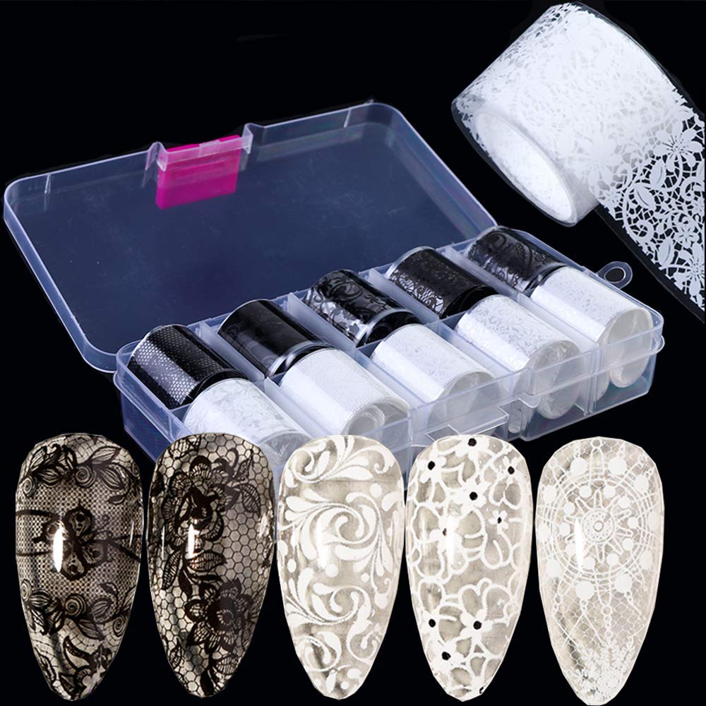 XEAOHESY 10 Rolls Black White Flower Nail Foil Transfer Sticker Kit Lace Nail Foil Sheets Foil Nail Art Decals Flower Nail Foil Transfer Nail Nail Wraps Foil Nail Nail Wraps for Women Nail Art