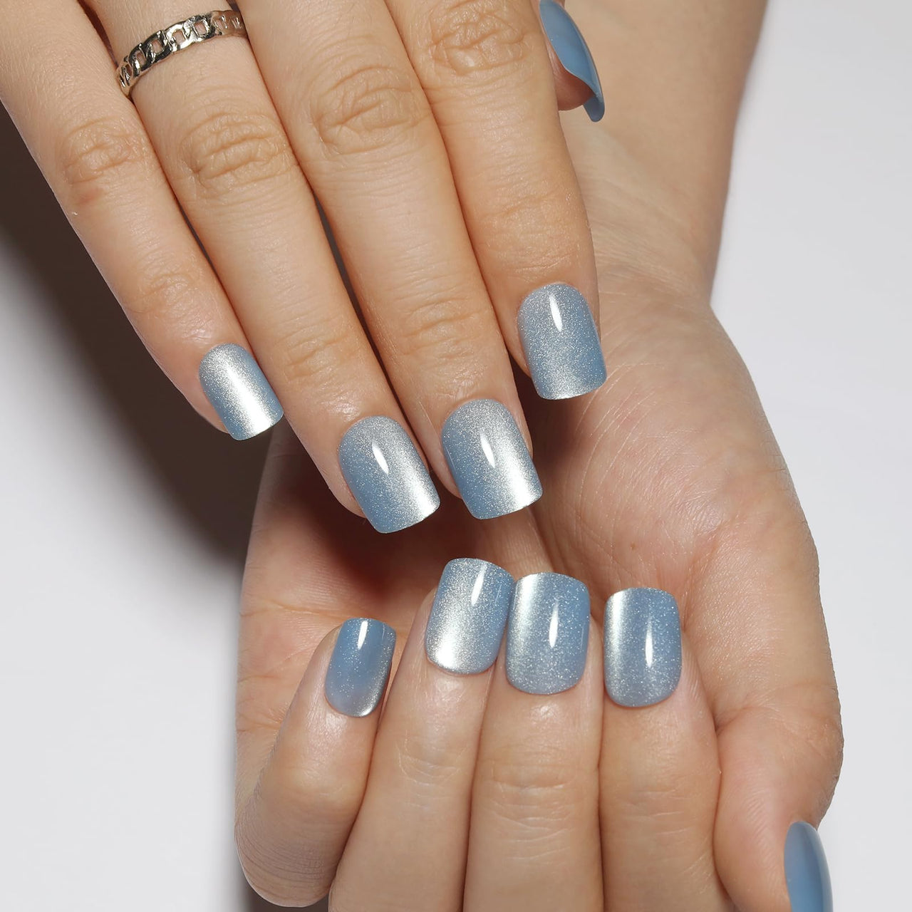 Stbisen Light Blue Press On Nails Square – Short Cat Eye Fake Nails with Color-Shifting Glow, Reusable Stick On Nails, 15 Sizes, 30 Nail Kit with Glue, Thick Glue On Nails for Women, M2-Aurora Mist