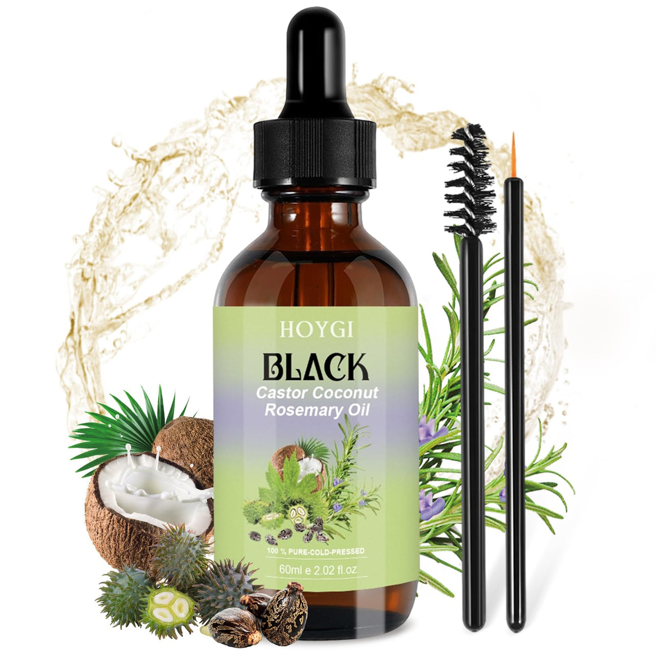 HOYGI Hair Growth Oil, 6-in-1 Serum with Cold Pressed Castor, Coconut, Rosemary, Argan Oils, Biotin, Caffeine for Hair, Eyelashes, Eyebrows and Beard, 2 Fl Oz/pcs