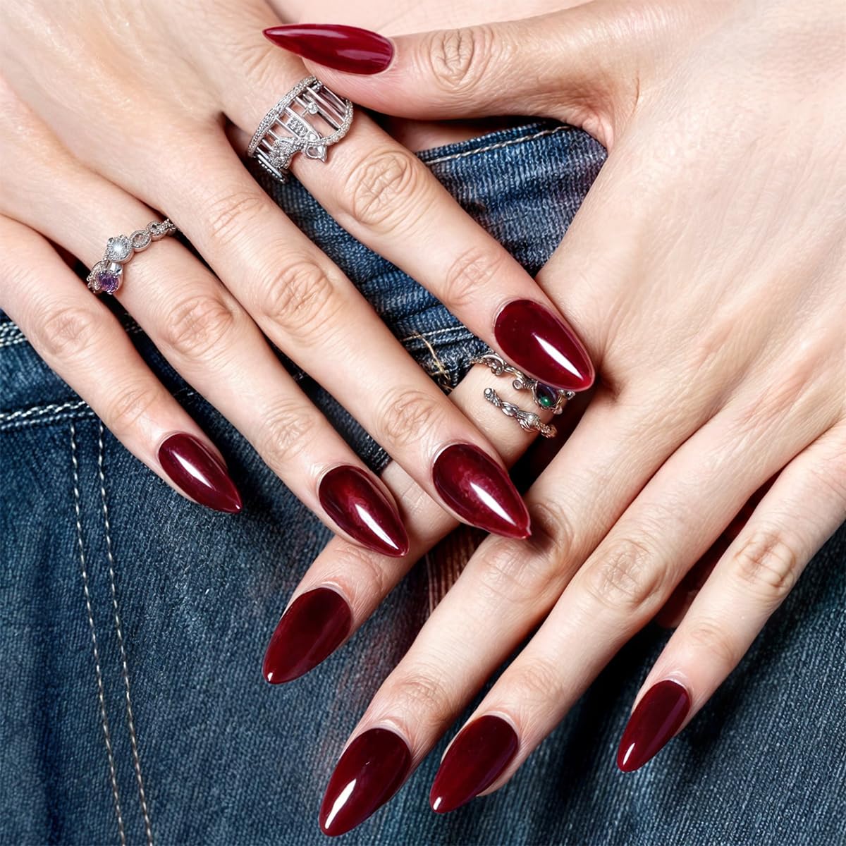 GLAMERMAID Cherry Red Press on Nails Medium Almond, Handmade Jelly Soft Gel Dark Red Glue on Nails Stiletto, Burgundy Emo Fake Nails Short Oval, Reusable Acrylic Stick on False Nails Kit for Women | Premium Nail Wraps