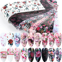 Thumbnail for Retro Flower Nail Art Foil Transfer Nail Nail Wraps, Holographic Rose Flowers Starry Sky Design for Nails, 10pcs