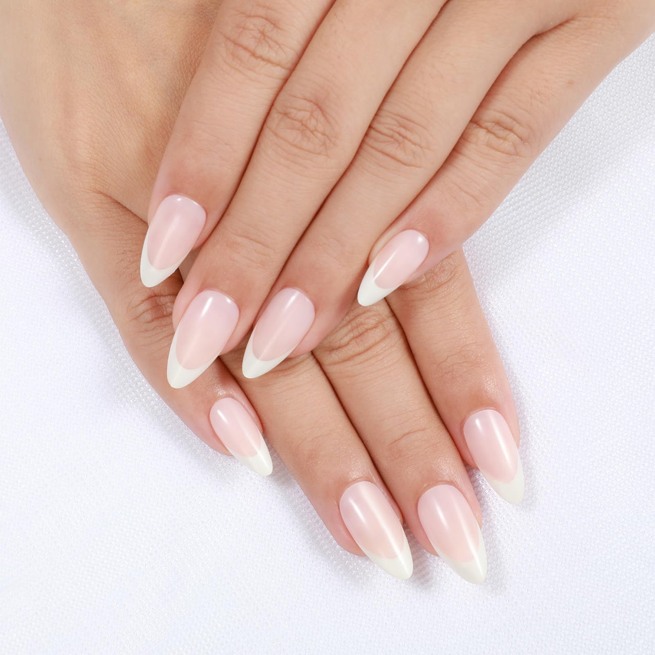 Rnker French Tip U Shape Press On Nails - White with Pink Color, Almond Top gel Nails with Bright Finish, 15 Sizes - 30 Nail Kit with Glue | Premium Nail Wraps
