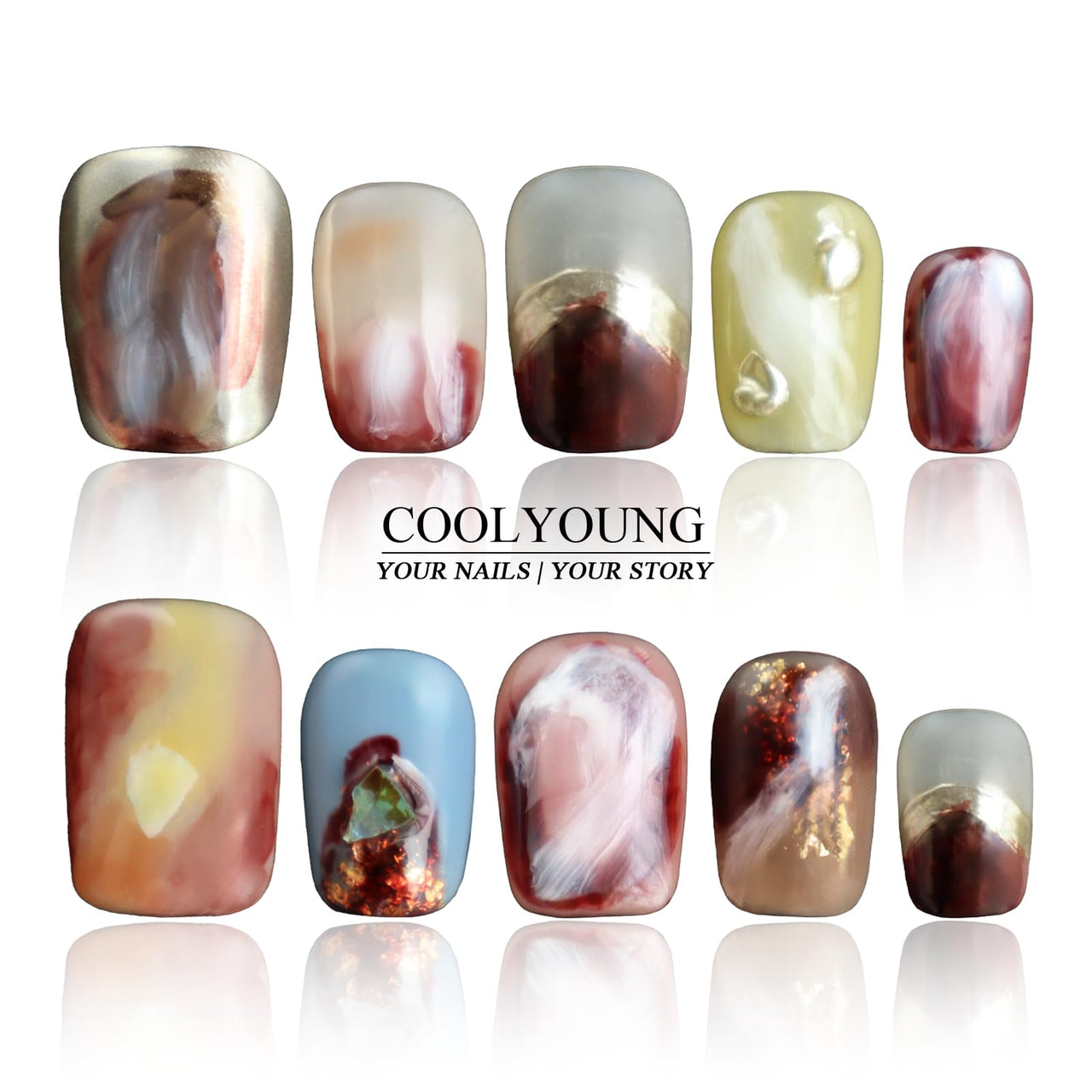 Handmade Press On Nails Short Nails Press On Colorful Press On Nails 3D Nails Press On Nails Acrylic 3D Nails Stick On Nails For Women Square Fake Nails Woman Gifts, COOLYOUNG Nails, 10 PCS, Size S