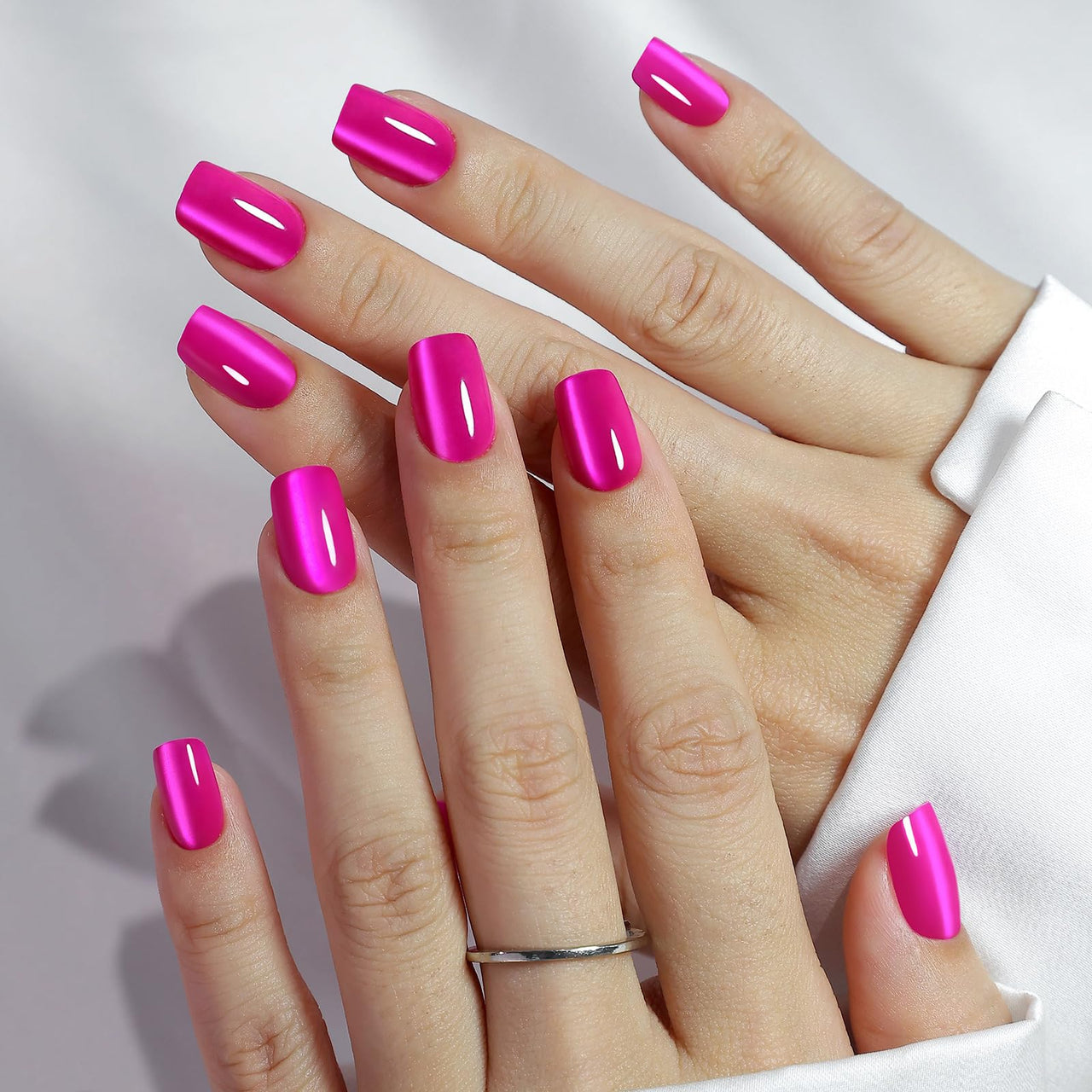 SHANGMENG Hot Pink Press on Nails Short - Cat Eye Press on Nails Square for Women Gift, Natural Fit & Glossy Stick on Nails in 16 Sizes - 32 Reusable Soft Gel Fake Nails with Glue, Hot Pink | Premium Nail Wraps
