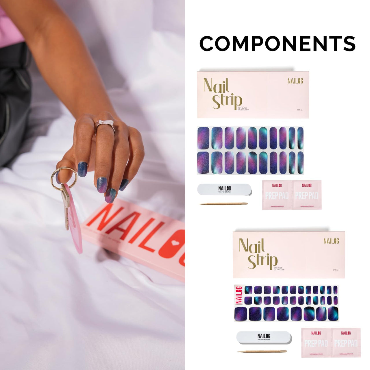 NAILOG Semi Cured Gel Nail Strips Mani Pedi Kit - Long Lasting Blue Cosmos Gel Nail Nail Nail Wraps Toes with Glossy Gel Finishing