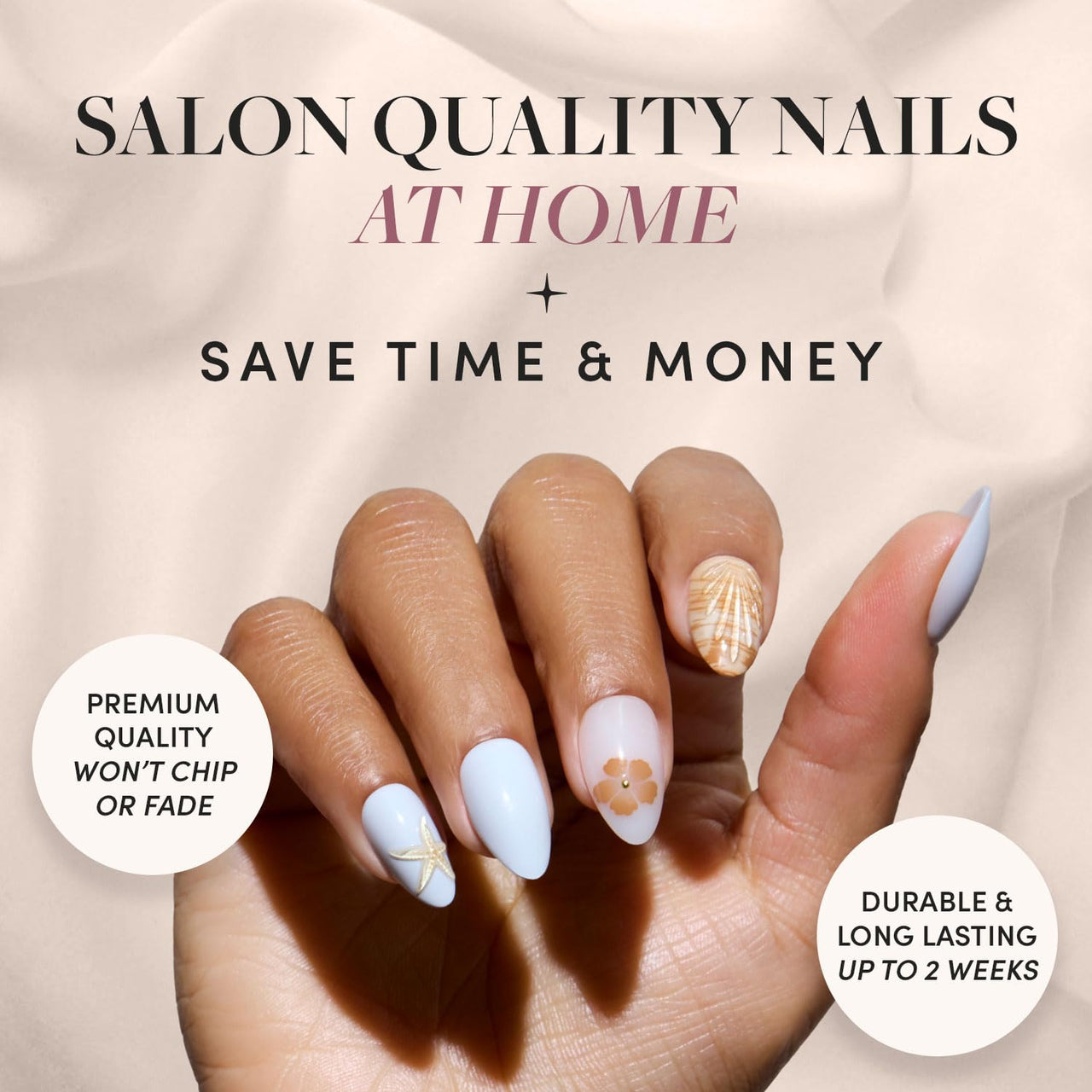 Glamnetic Press On Nails - Sea Star | Short Almond Seashell Nails with 3D Nail Art, Reusable Summer Nails | 15 Sizes - 30 Nail Kit with Glue