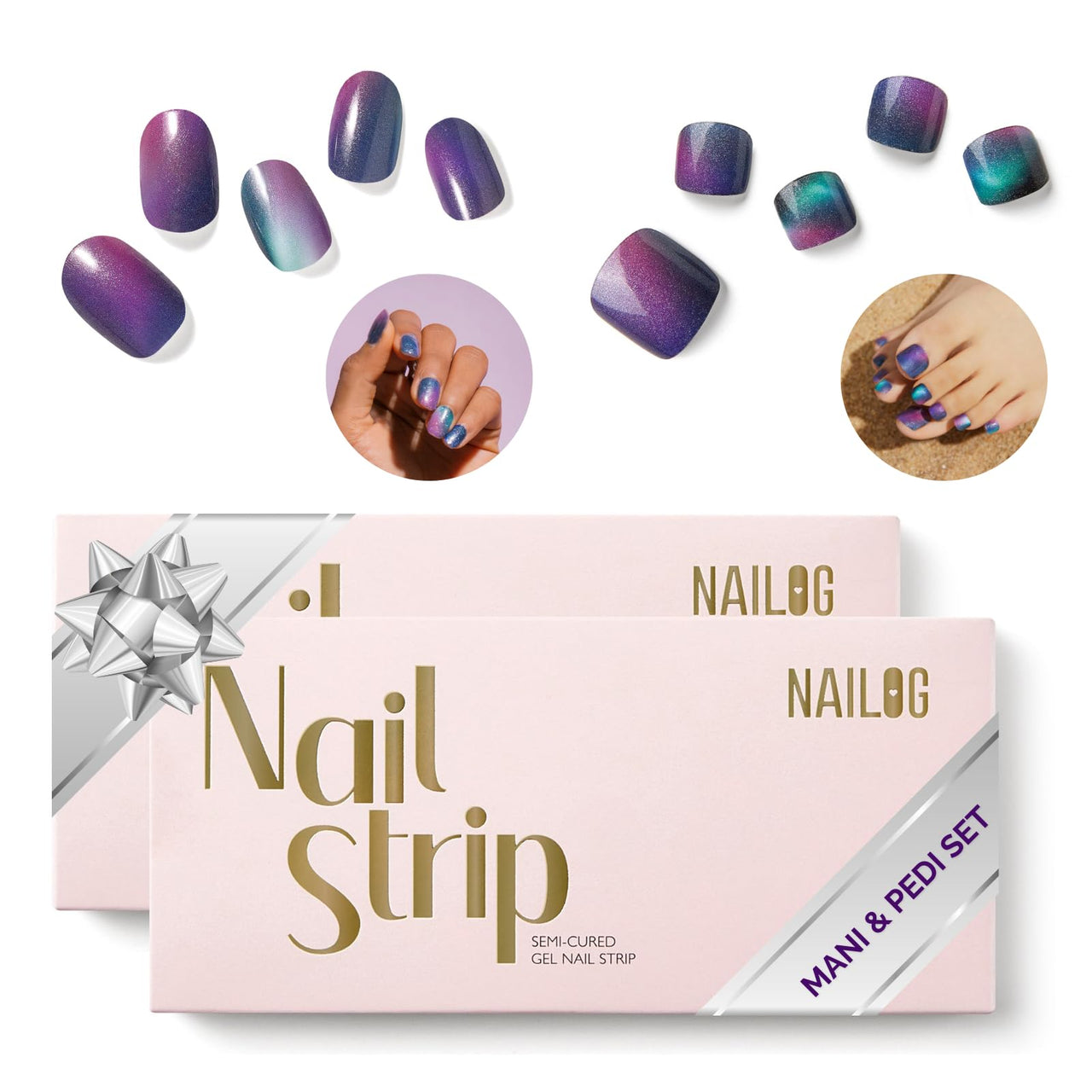 NAILOG Semi Cured Gel Nail Strips Mani Pedi Kit - Long Lasting Blue Cosmos Gel Nail Nail Nail Wraps Toes with Glossy Gel Finishing