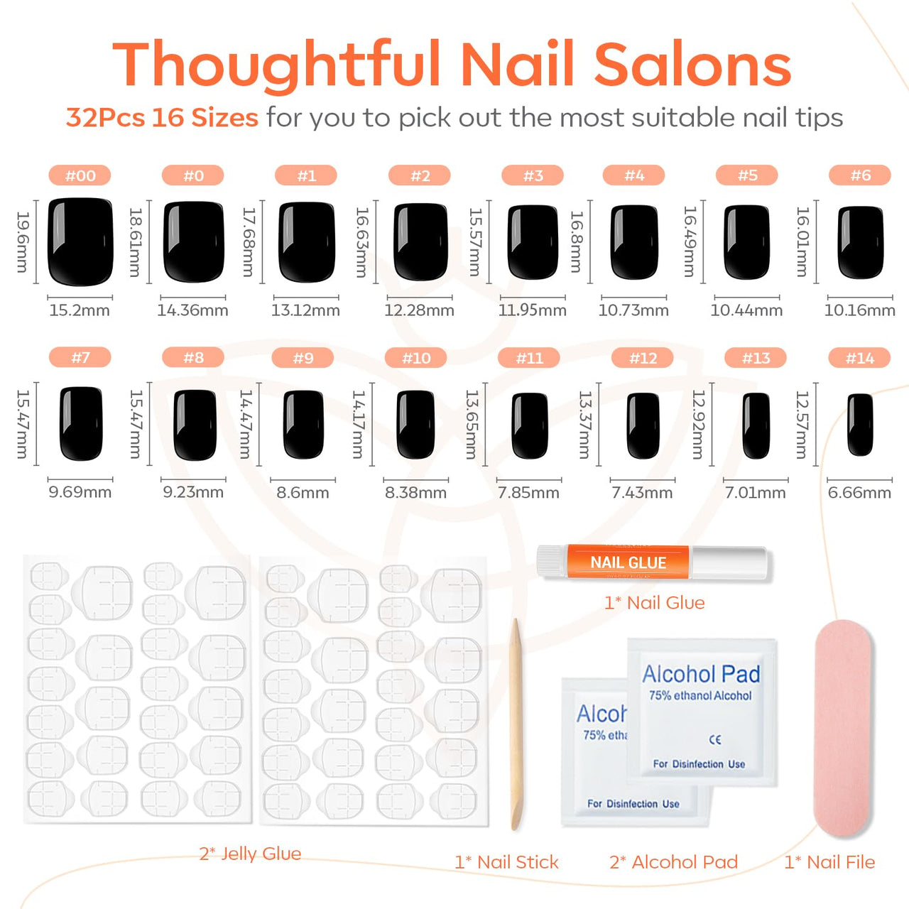 Modelones 32Pcs Black Press on Nails, Upgrade Short Square Fake Nails, Reusable Nail Kit with Nail Glue Adhesive Tabs Mini Nail File, Nails Press Ons 16 Sizes