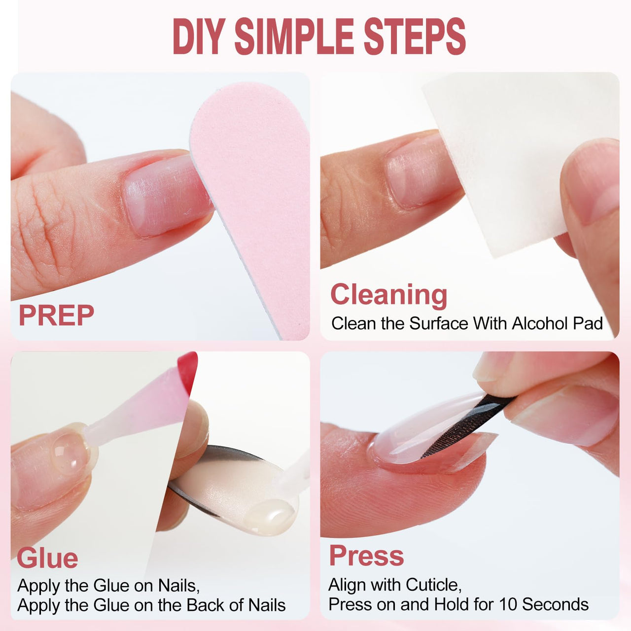 Rnker French Tip U Shape Press On Nails - White with Pink Color, Almond Top gel Nails with Bright Finish, 15 Sizes - 30 Nail Kit with Glue | Premium Nail Wraps