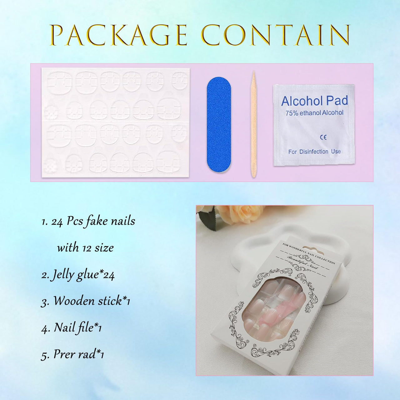 Extra Short Press on Nails Square Nude Ombre Fake Nails Press ons White Glue Stick on Nails with Designs Full Cover Acrylic Glossy Artificial Cute False Nail for Women Girls 24 Pcs