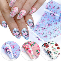 Thumbnail for Retro Flower Nail Art Foil Transfer Nail Nail Wraps, Holographic Rose Flowers Starry Sky Design for Nails, 10pcs