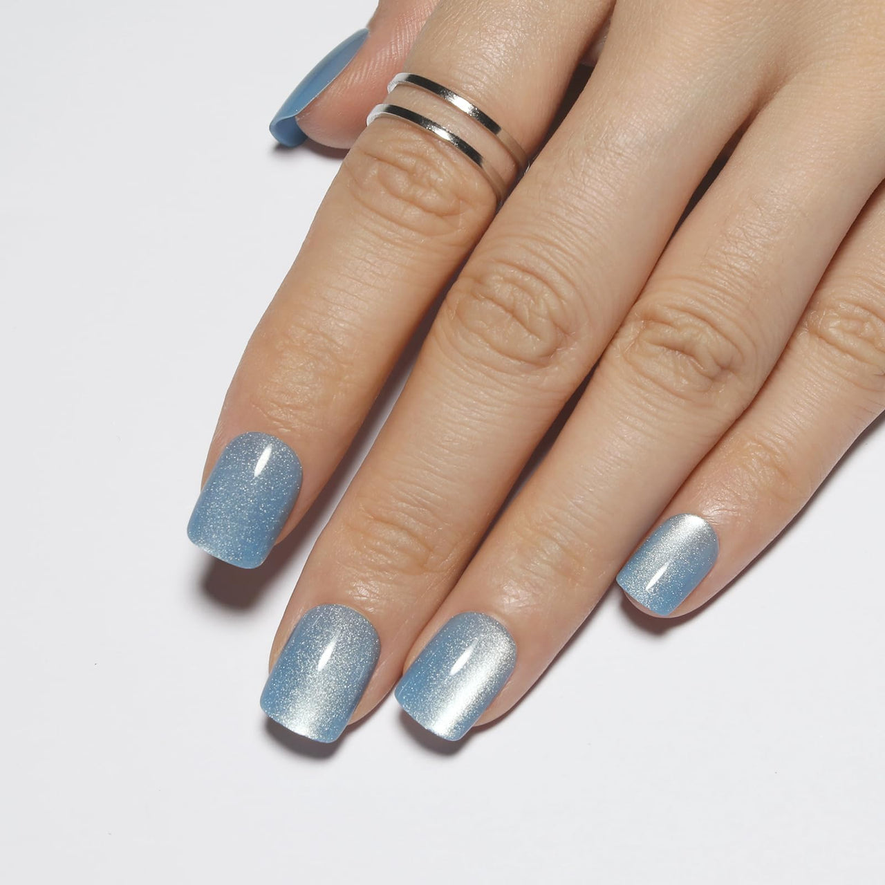 Stbisen Light Blue Press On Nails Square – Short Cat Eye Fake Nails with Color-Shifting Glow, Reusable Stick On Nails, 15 Sizes, 30 Nail Kit with Glue, Thick Glue On Nails for Women, M2-Aurora Mist