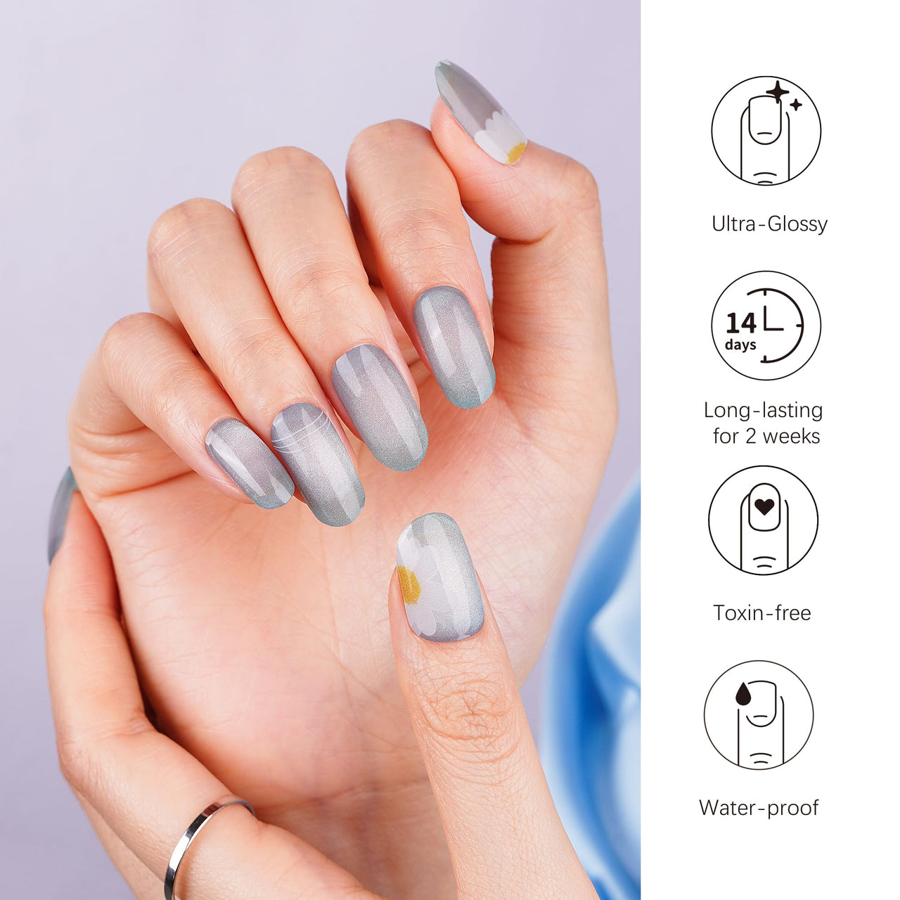 DANNI & TONI Semi Cured Gel Nail Strips Ocean Blue (Verdant Whisper) Magnetic Silver Cat Eye Gel Nail Nail Wraps Flowers 28 Nail Nail Wraps