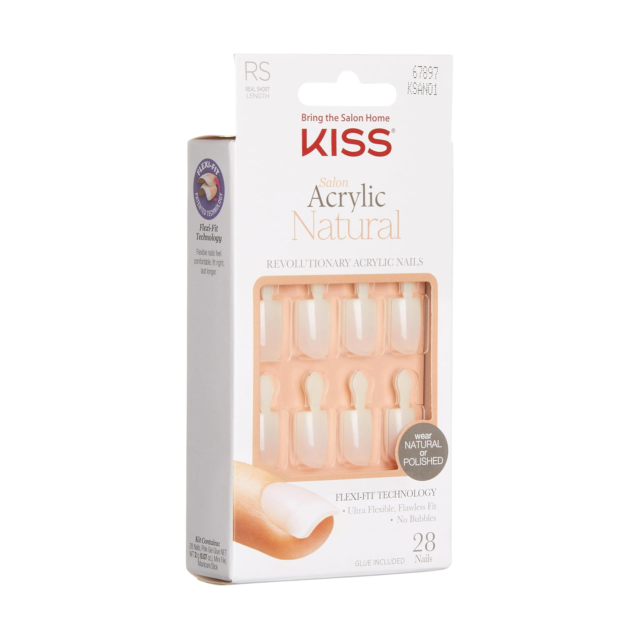 KISS Salon Acrylic Natural Press On Nails, Nail glue included, 'Rare', Nude, Short Size, Squoval Shape, Includes 28 Nails, 2g Glue, 1 Manicure Stick, 1 Mini File | Premium Nail Wraps