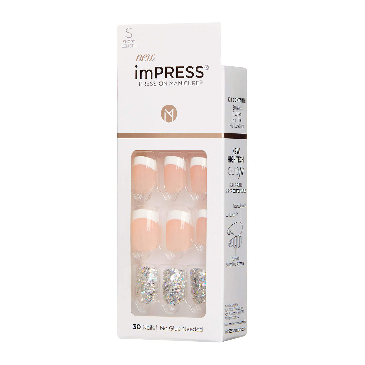 KISS imPRESS Press-On Manicure, Nail Kit, PureFit Technology, Short Press-On Nails, 'Time Slip', Includes Prep Pad, Mini Nail File, Cuticle Stick, and 30 Fake Nails