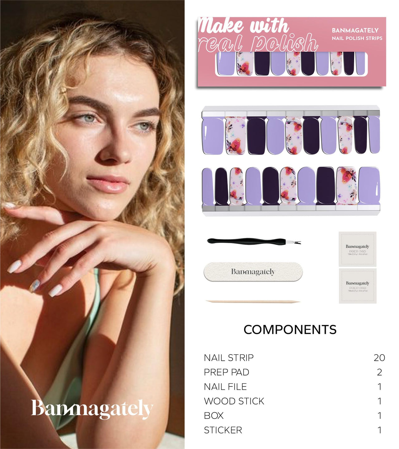 banmagately Nail Polish Strips, 20Pcs Salon Quality Gel Nail Nail Nail Wraps, Easy Long Lasting Nail Wraps for Short Nails no UV Light Needed (Purple Bird & Flower)